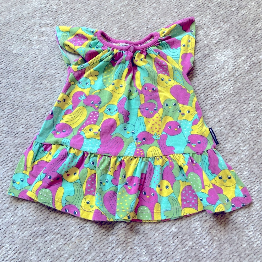Polarn O Pyret Bird Print Dress Colorful Swedish Cotton 9-12M
